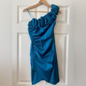 Fitted One-Shoulder Ruffled Cocktail Mini Dress Size 4 Metallic Blue Party Y2K